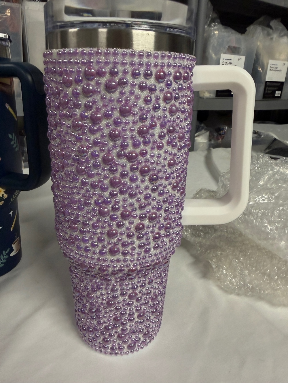40 oz Purple Beaded Insulated Travel Mug with Handle - New